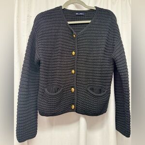 GAP Black Textured Knit Cardigan Gold Crest Buttons Size Small
